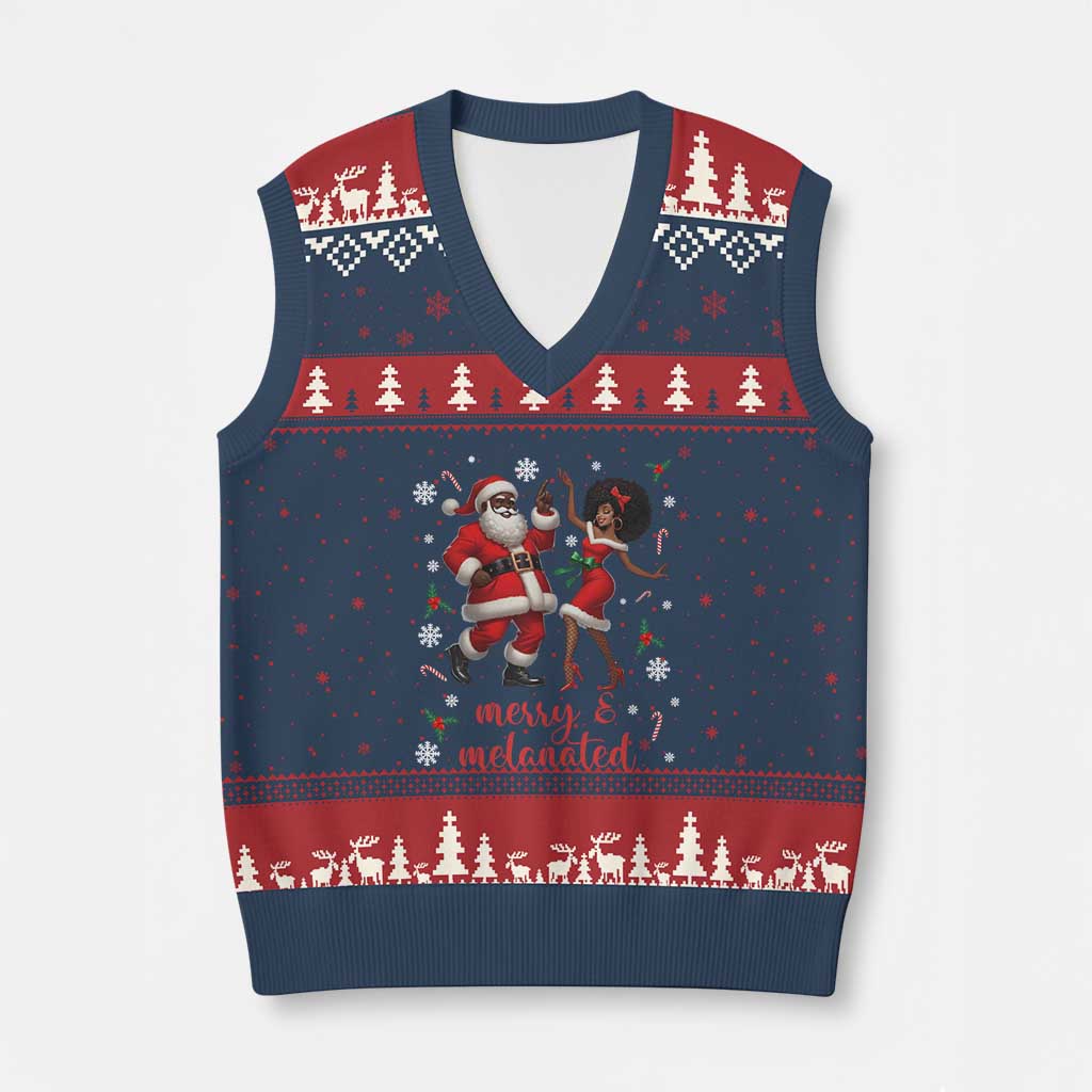 African American Xmas V-Neck Knit Sweater Vest Funny Dancing Black Santa And Mrs Claus Merry And Melanated - Wonder Print Shop