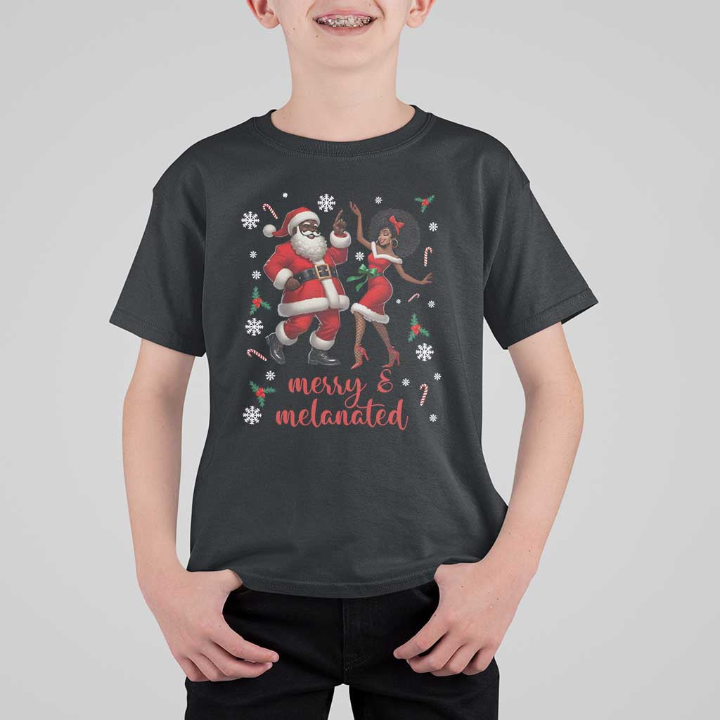 African American Christmas T Shirt For Kid Funny Dancing Black Santa And Mrs Claus Merry And Melanated - Wonder Print Shop
