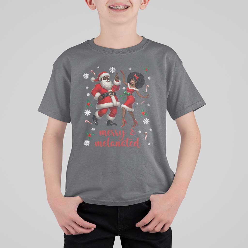 African American Christmas T Shirt For Kid Funny Dancing Black Santa And Mrs Claus Merry And Melanated - Wonder Print Shop
