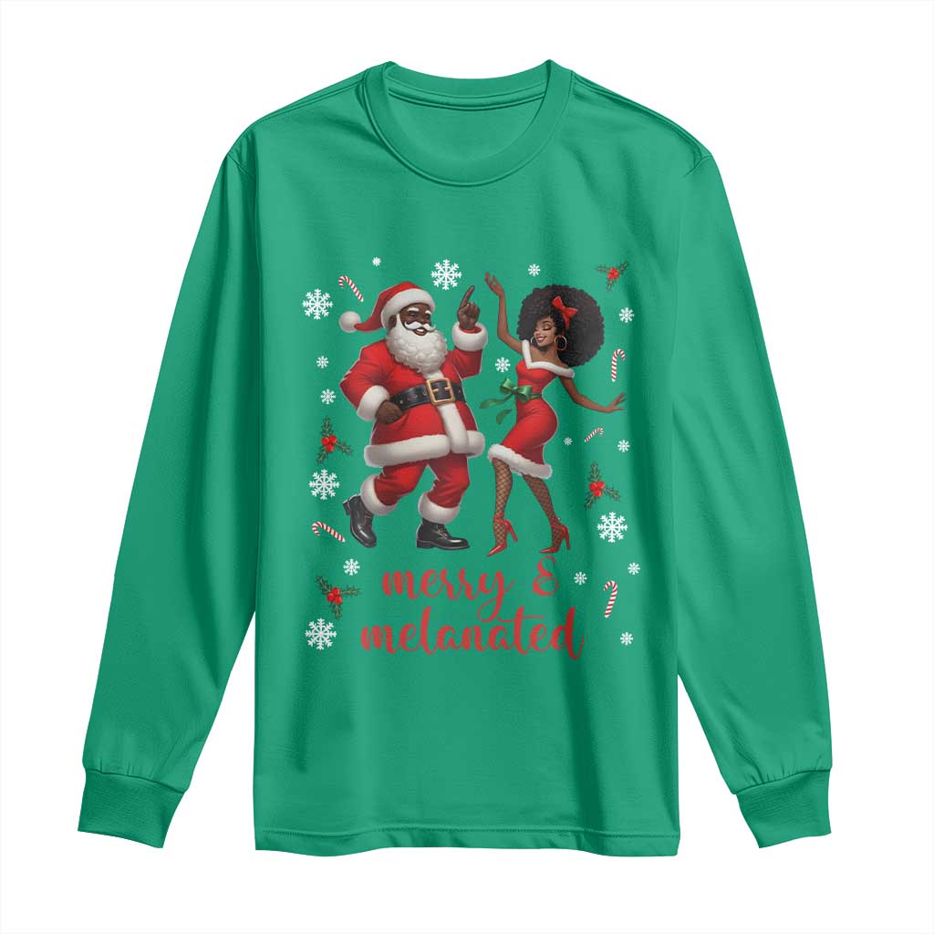 African American Christmas Long Sleeve Shirt Funny Dancing Black Santa And Mrs Claus Merry And Melanated - Wonder Print Shop