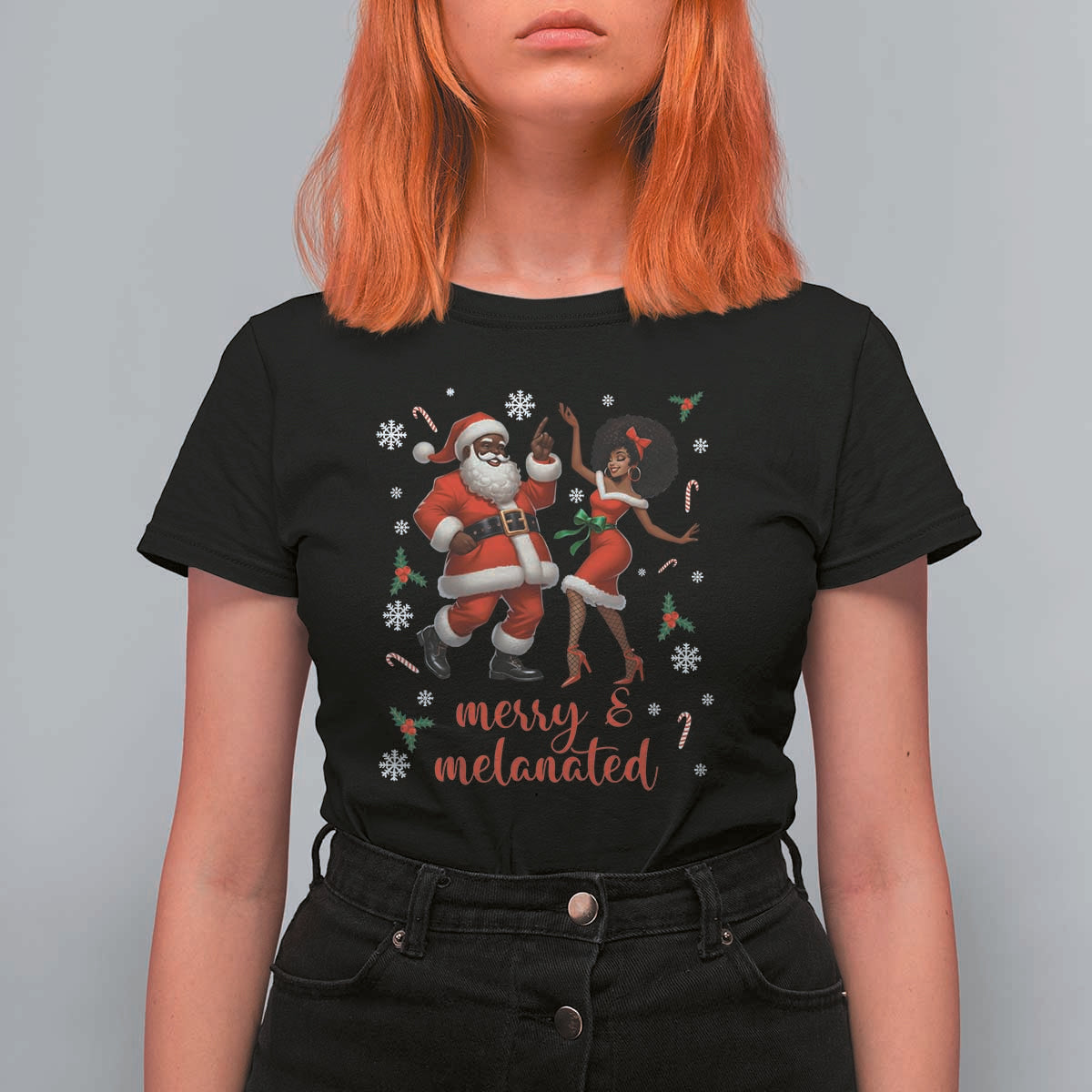 African American Christmas T Shirt For Women Funny Dancing Black Santa And Mrs Claus Merry And Melanated - Wonder Print Shop