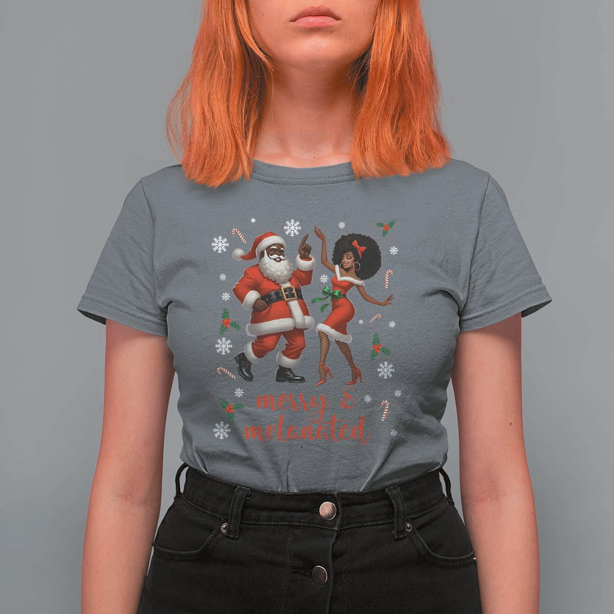 African American Christmas T Shirt For Women Funny Dancing Black Santa And Mrs Claus Merry And Melanated - Wonder Print Shop