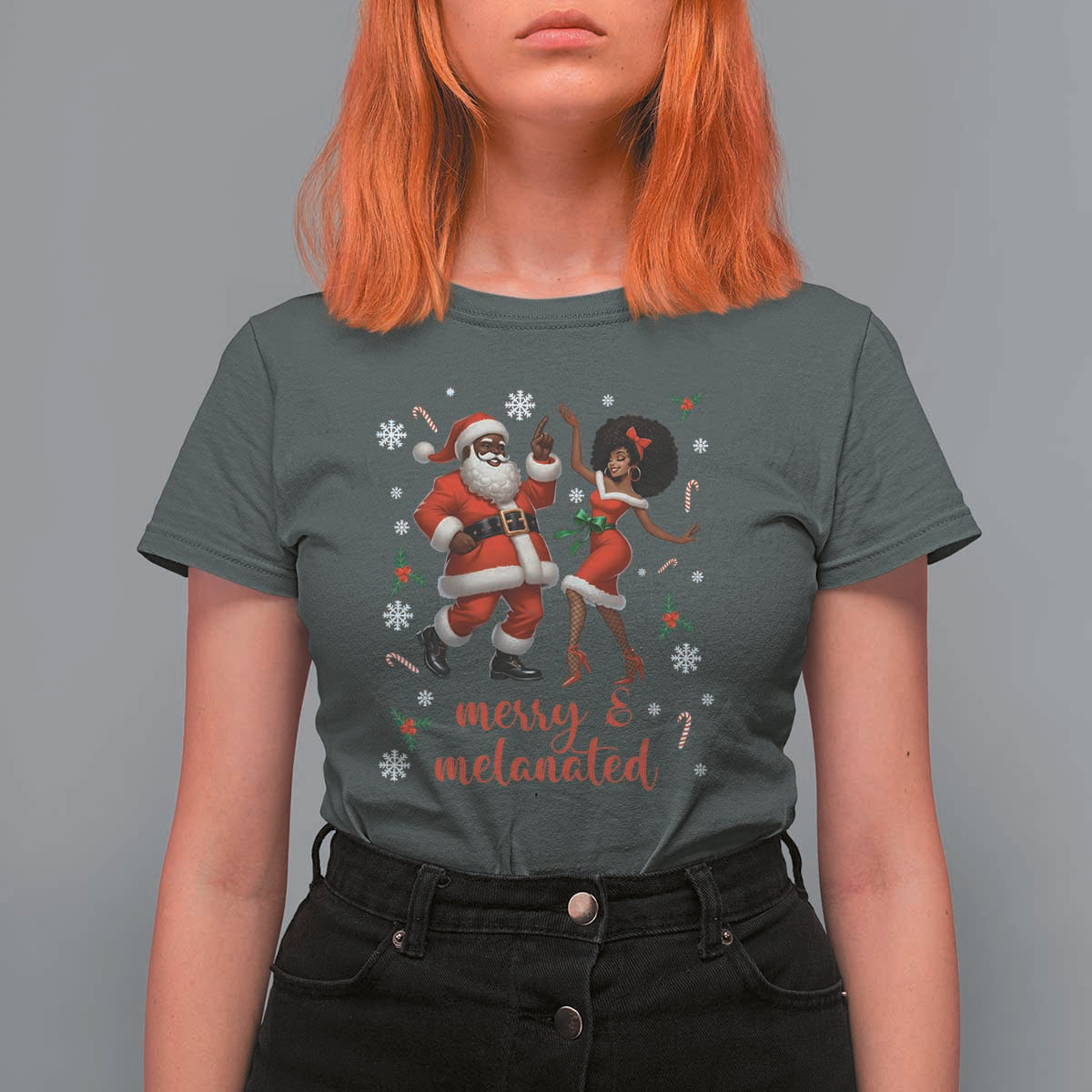 African American Christmas T Shirt For Women Funny Dancing Black Santa And Mrs Claus Merry And Melanated - Wonder Print Shop