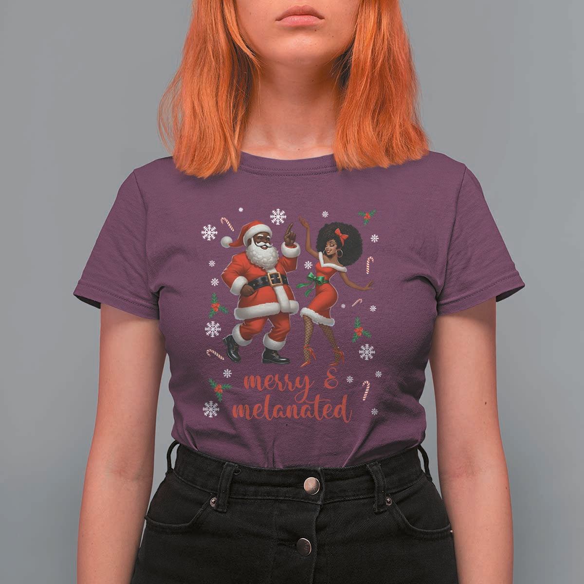 African American Christmas T Shirt For Women Funny Dancing Black Santa And Mrs Claus Merry And Melanated - Wonder Print Shop