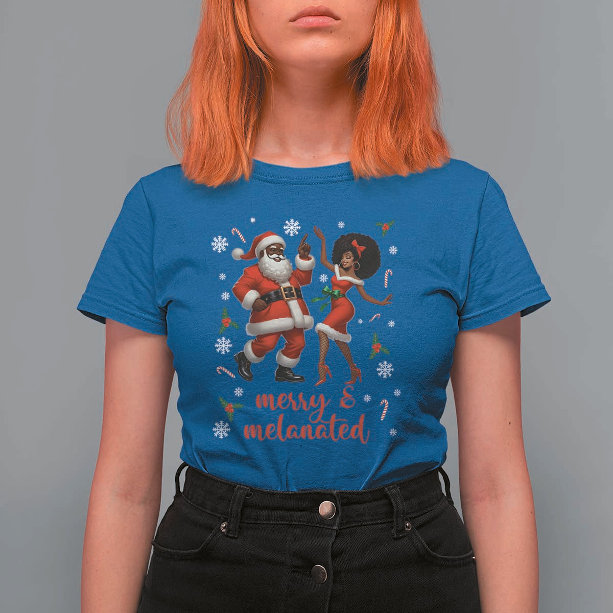 African American Christmas T Shirt For Women Funny Dancing Black Santa And Mrs Claus Merry And Melanated - Wonder Print Shop