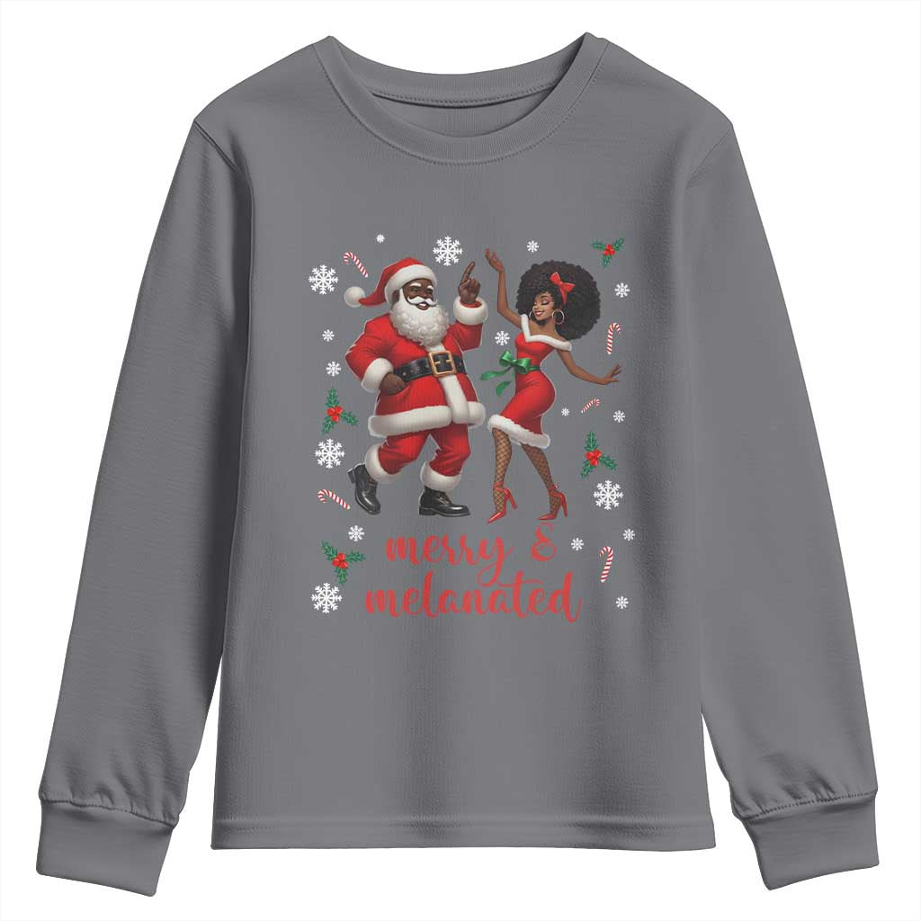 African American Christmas Youth Sweatshirt Funny Dancing Black Santa And Mrs Claus Merry And Melanated - Wonder Print Shop