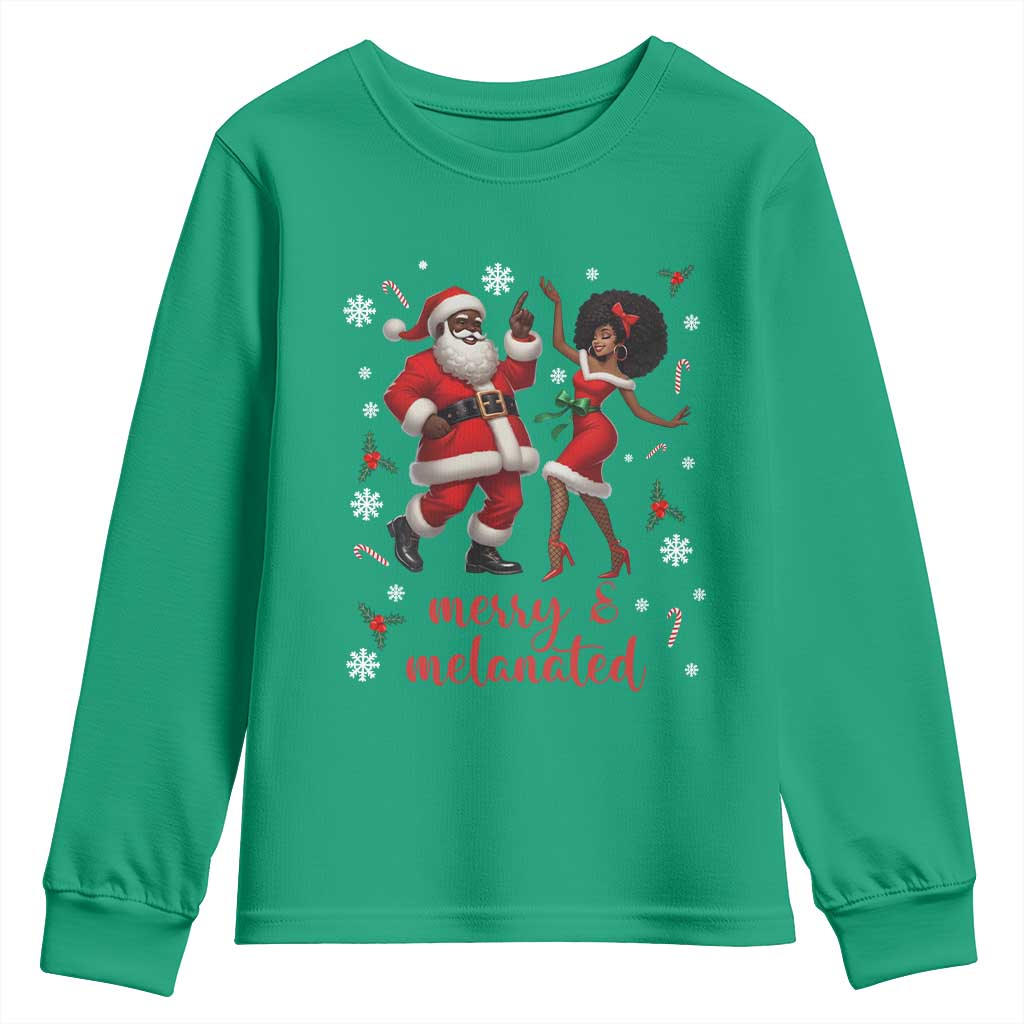 African American Christmas Youth Sweatshirt Funny Dancing Black Santa And Mrs Claus Merry And Melanated - Wonder Print Shop