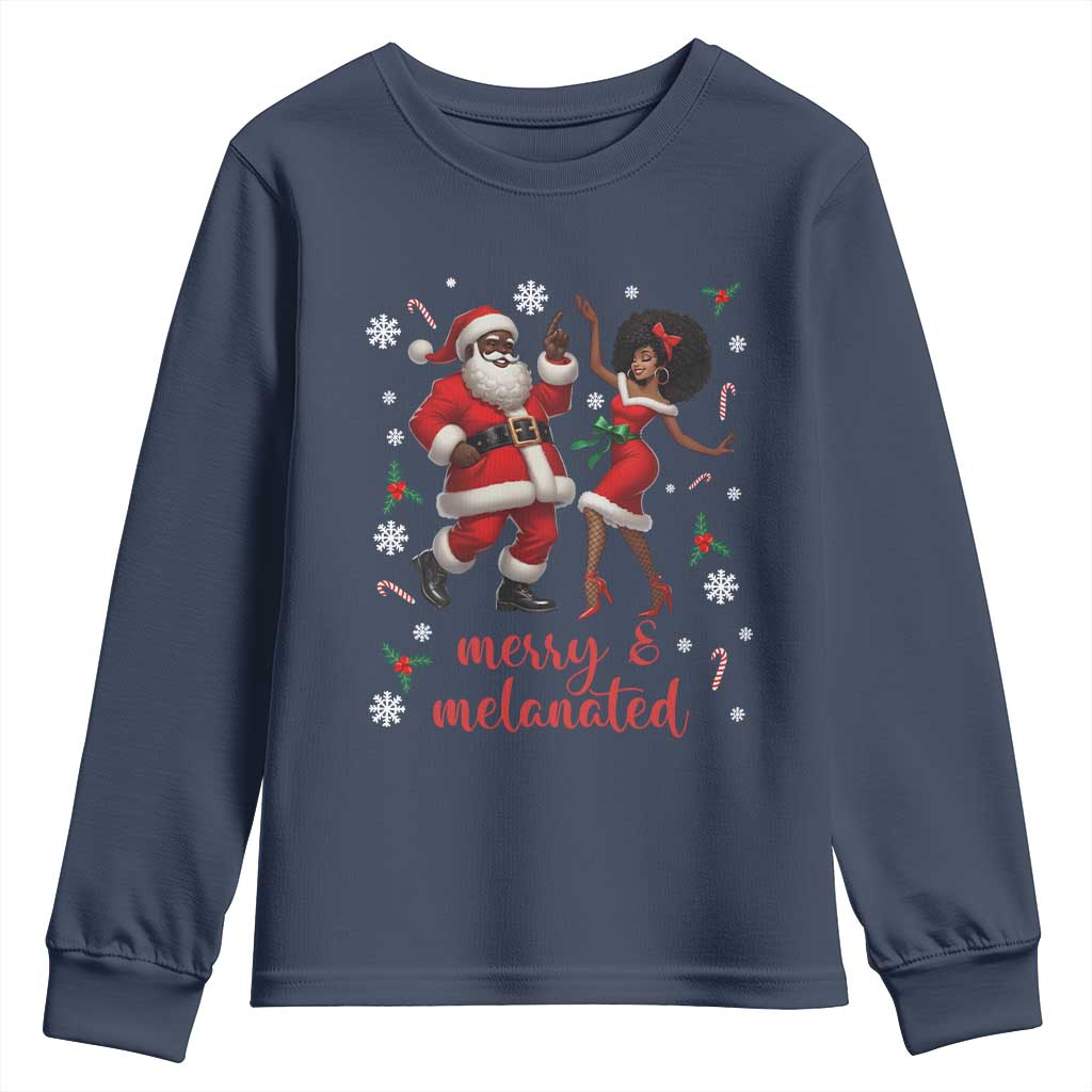 African American Christmas Youth Sweatshirt Funny Dancing Black Santa And Mrs Claus Merry And Melanated - Wonder Print Shop