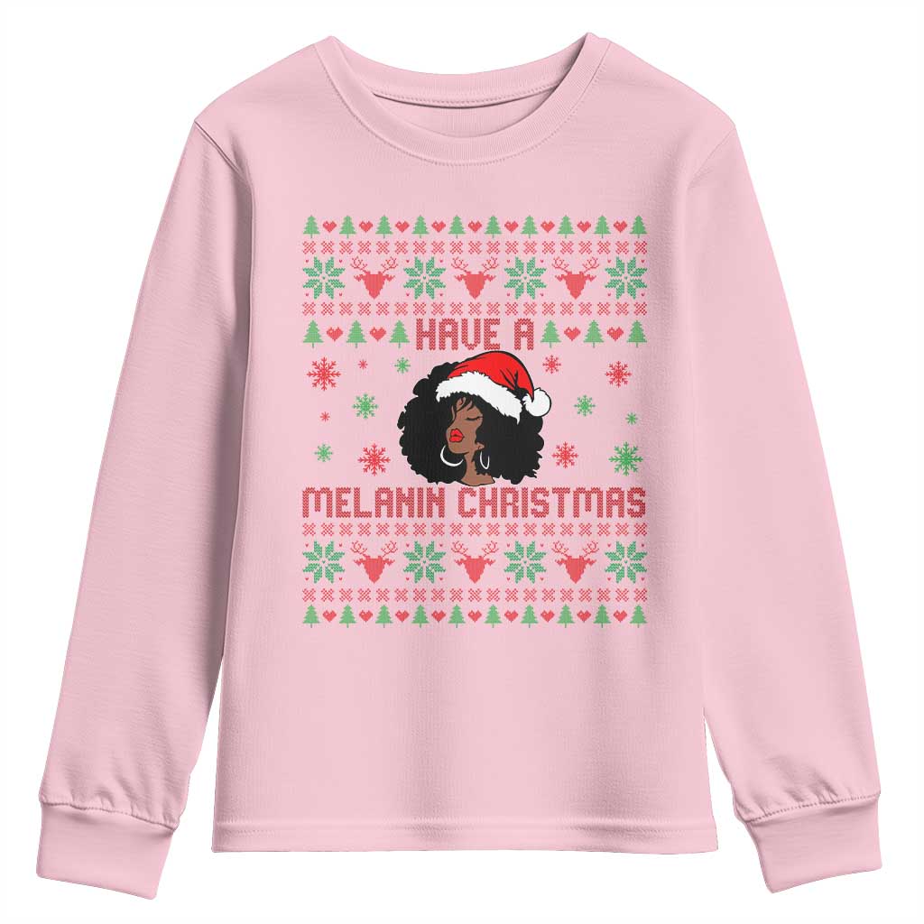 Have A Melanin Christmas Youth Sweatshirt Cute Black Santa Girl Ugly Xmas - Wonder Print Shop