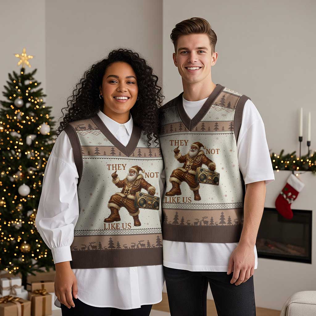 They Not Like Us V-Neck Knit Sweater Vest Funny Xmas Black Santa Claus - Wonder Print Shop