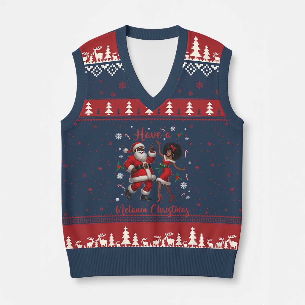 Have A Melanin Xmas V-Neck Knit Sweater Vest Funny Dancing Santa And Mrs Claus Culture Gift - Wonder Print Shop