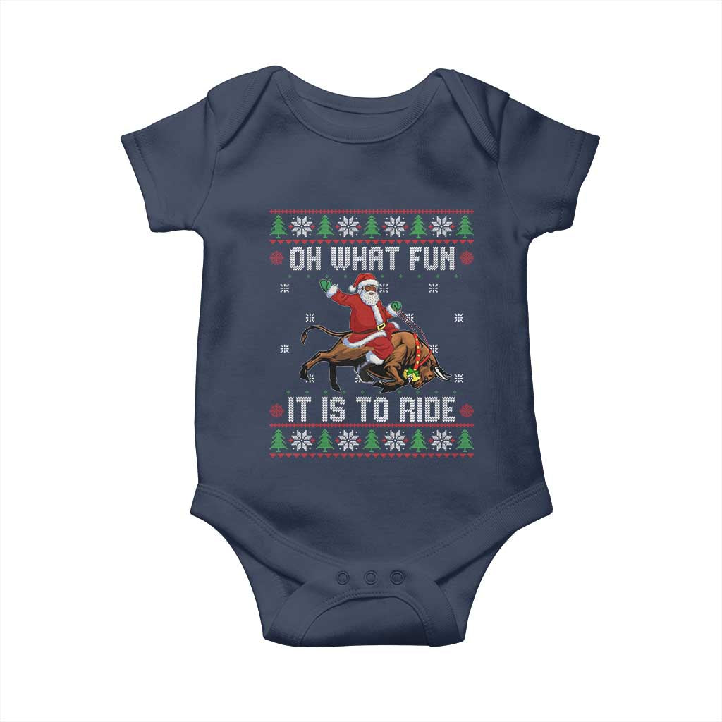 Oh What Fun It Is To Ride Baby Onesie Black Santa Bull Rider Ugly Christmas Gift - Wonder Print Shop