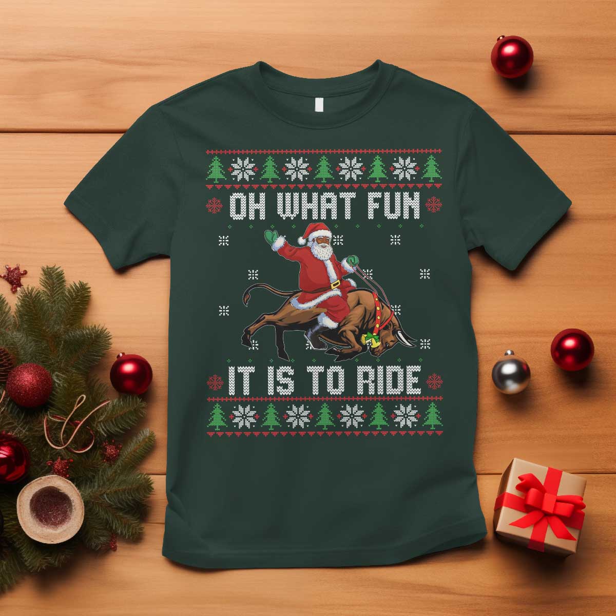 Oh What Fun It Is To Ride T Shirt Black Santa Bull Rider Ugly Christmas Gift - Wonder Print Shop