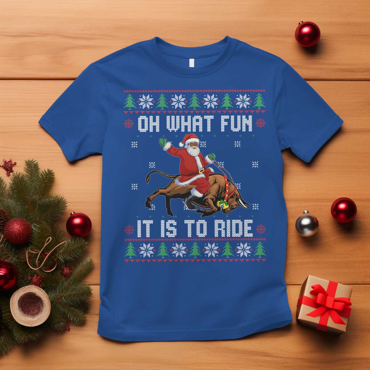 Oh What Fun It Is To Ride T Shirt Black Santa Bull Rider Ugly Christmas Gift - Wonder Print Shop