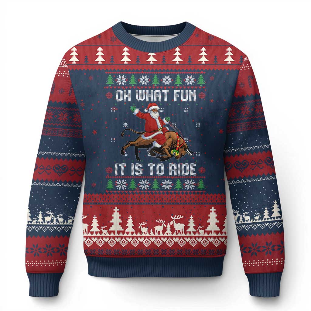 Oh What Fun It Is To Ride Ugly Christmas Sweater Black Santa Bull Rider Ugly Christmas Gift - Wonder Print Shop