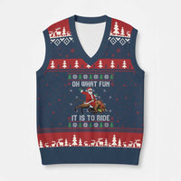 Oh What Fun It Is To Ride V-Neck Knit Sweater Vest Black Santa Bull Rider Ugly Christmas Gift - Wonder Print Shop