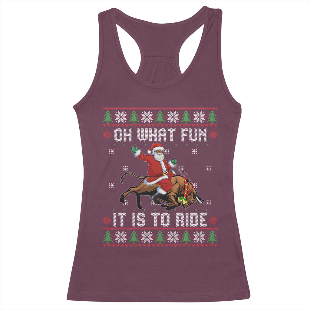 Oh What Fun It Is To Ride Racerback Tank Top Black Santa Bull Rider Ugly Christmas Gift - Wonder Print Shop