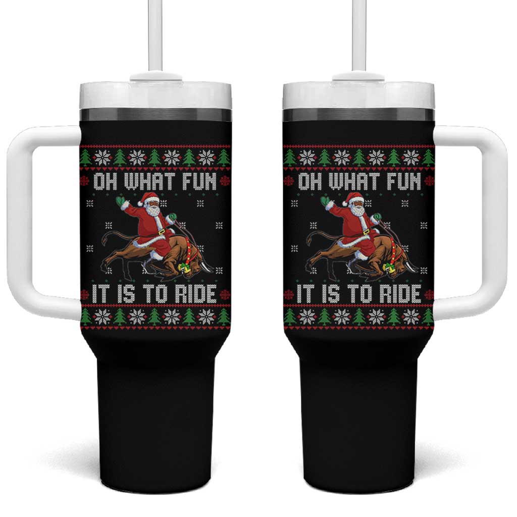 Oh What Fun It Is To Ride Tumbler With Handle Black Santa Bull Rider Ugly Christmas Gift - Wonder Print Shop