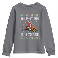 Oh What Fun It Is To Ride Youth Sweatshirt Black Santa Bull Rider Ugly Christmas Gift - Wonder Print Shop