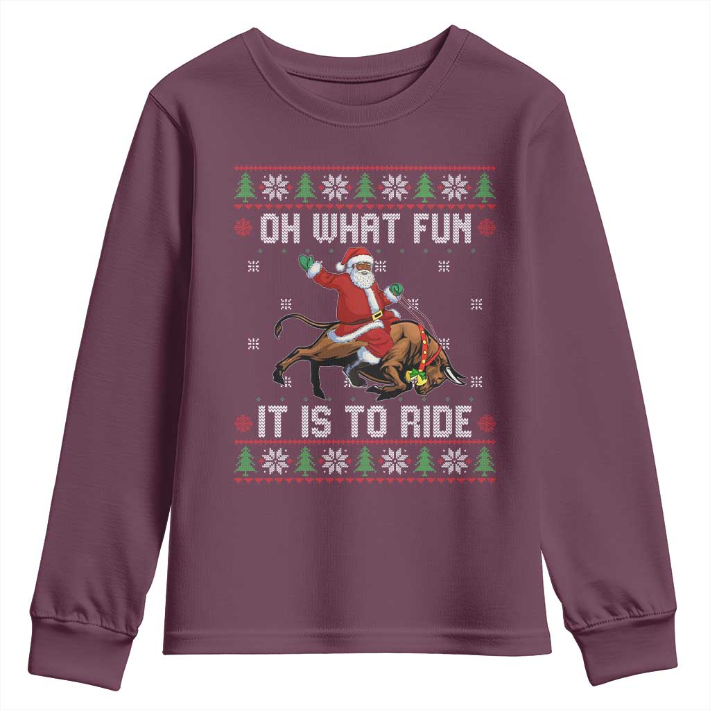 Oh What Fun It Is To Ride Youth Sweatshirt Black Santa Bull Rider Ugly Christmas Gift - Wonder Print Shop