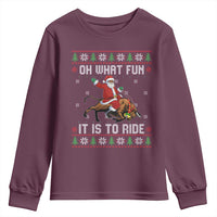 Oh What Fun It Is To Ride Youth Sweatshirt Black Santa Bull Rider Ugly Christmas Gift - Wonder Print Shop