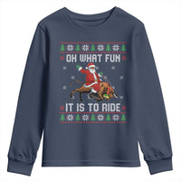 Oh What Fun It Is To Ride Youth Sweatshirt Black Santa Bull Rider Ugly Christmas Gift - Wonder Print Shop