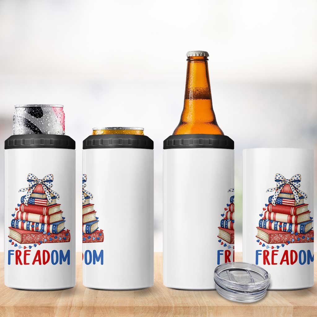 Funny Patriotic Book Lover Gift 4 in 1 Can Cooler Tumbler Freadom