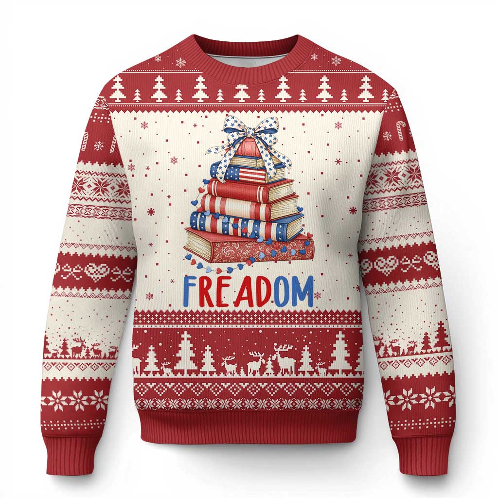 Funny Patriotic Book Lover Gift Ugly Christmas Sweater Freadom
