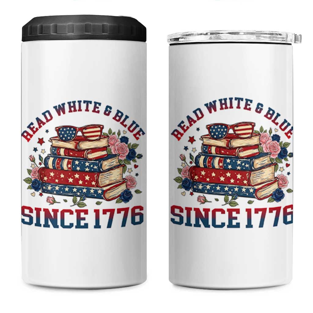 Funny Patriotic Book Lover Gift 4 in 1 Can Cooler Tumbler Read White Blue Since 1776