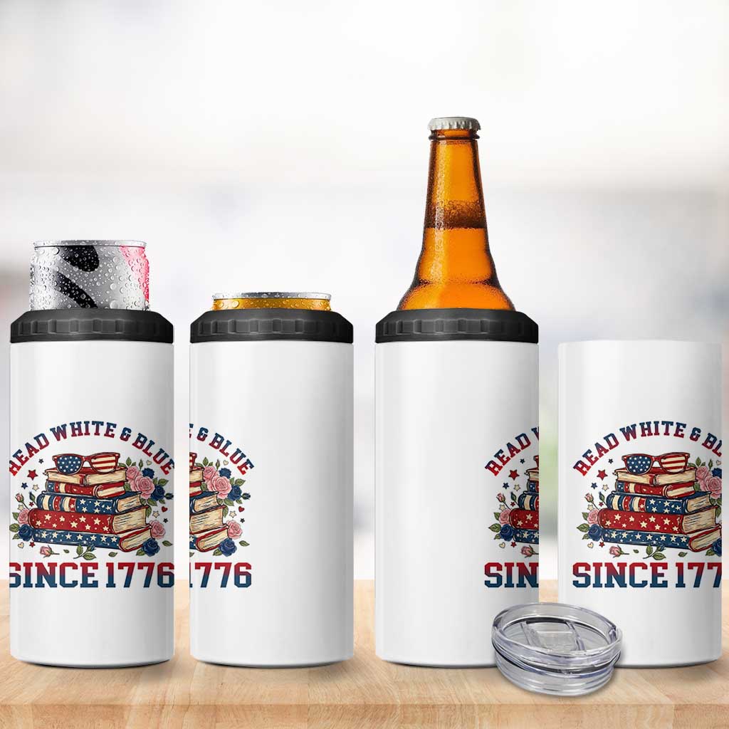 Funny Patriotic Book Lover Gift 4 in 1 Can Cooler Tumbler Read White Blue Since 1776