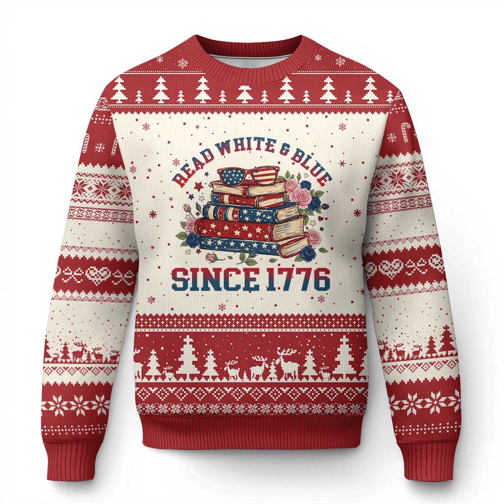 Funny Patriotic Book Lover Gift Ugly Christmas Sweater Read White Blue Since 1776
