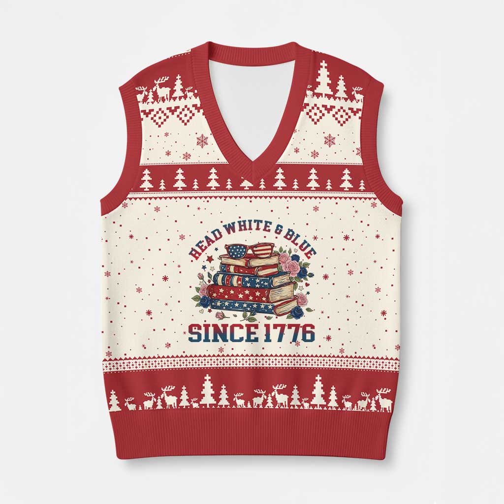 Funny Patriotic Book Lover Gift V-Neck Knit Sweater Vest Read White Blue Since 1776