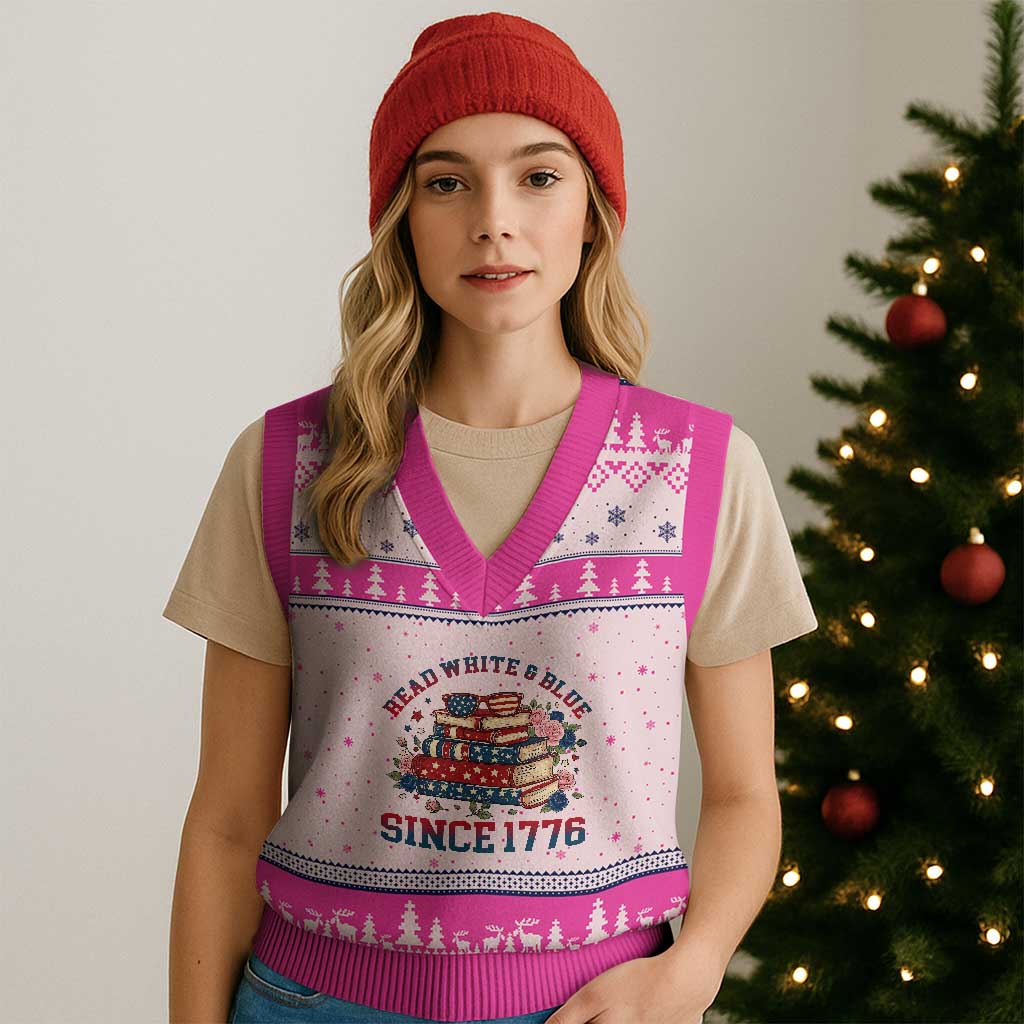 Funny Patriotic Book Lover Gift V-Neck Knit Sweater Vest Read White Blue Since 1776