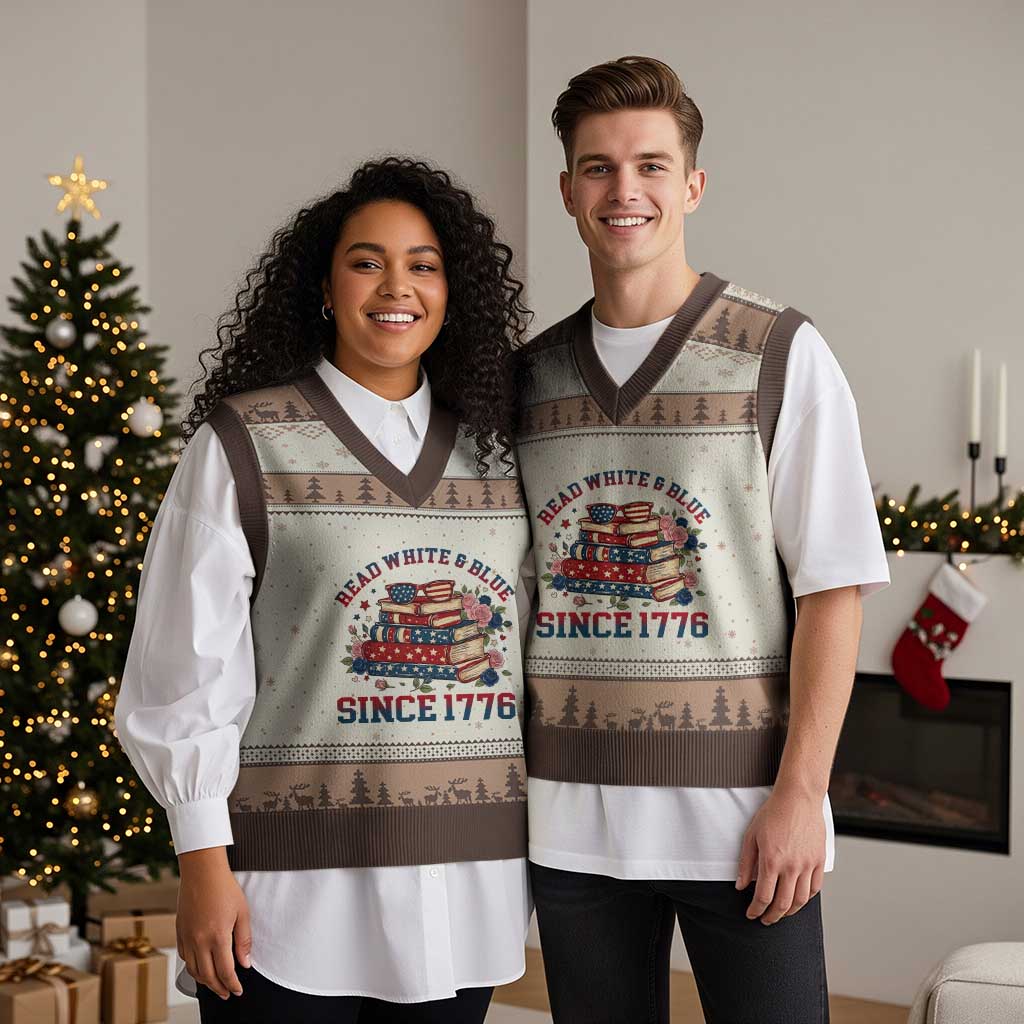Funny Patriotic Book Lover Gift V-Neck Knit Sweater Vest Read White Blue Since 1776