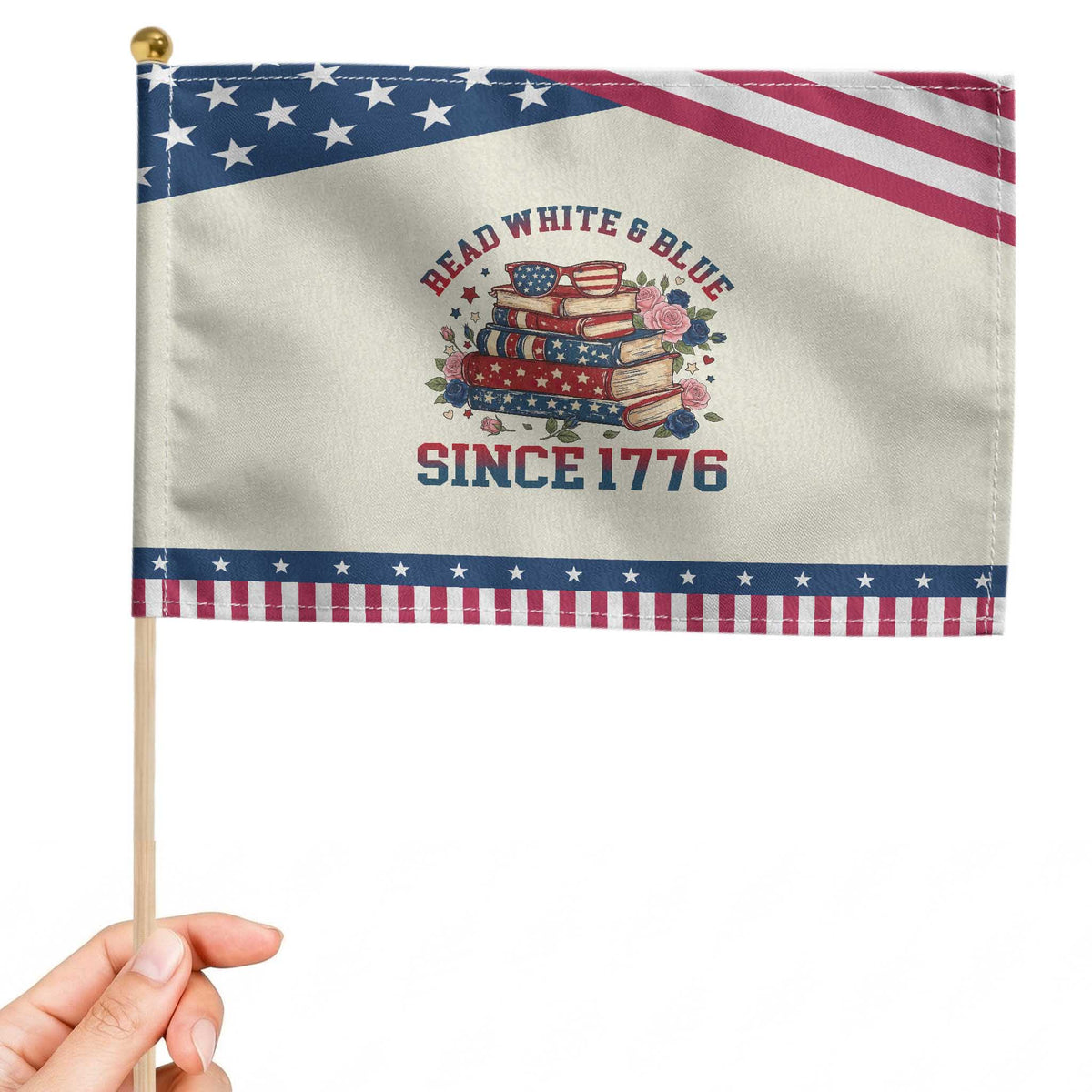 Funny Book Lover Gift Patriotic Handheld Flag Read White Blue Since 1776