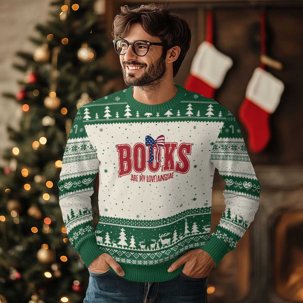 Patriotic Book Lover Gift Ugly Christmas Sweater Books Are My Love Language