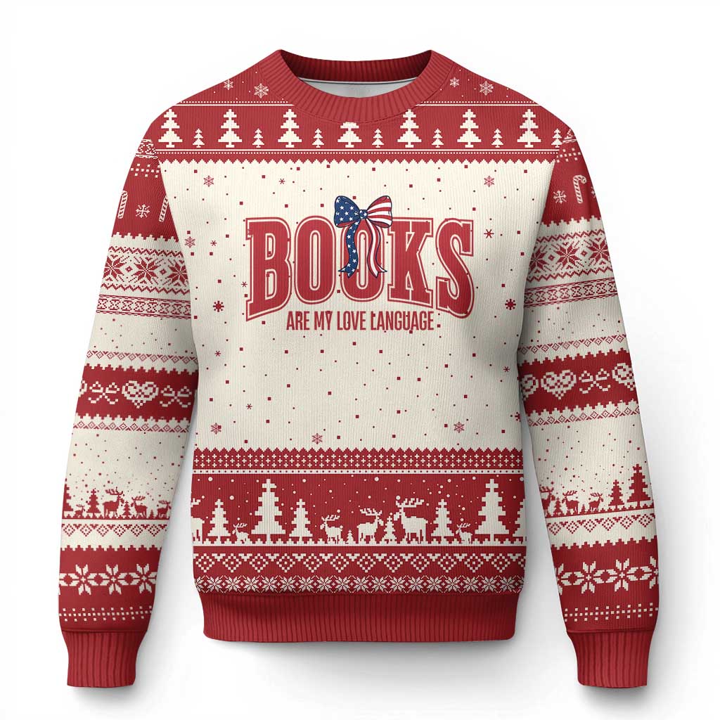 Patriotic Book Lover Gift Ugly Christmas Sweater Books Are My Love Language