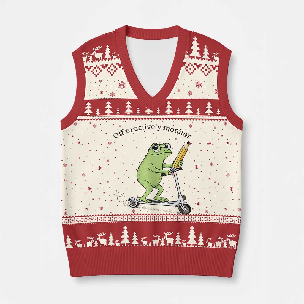 Funny Frog Teacher Testing Test Day V-Neck Knit Sweater Vest Off To Actively Monitor