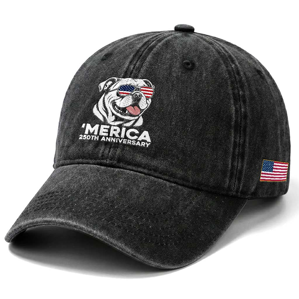 Merica English Bulldog Lover Washed Cotton Baseball Cap 250th Anniversary Gift
