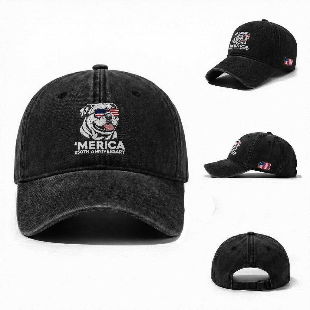 Merica English Bulldog Lover Washed Cotton Baseball Cap 250th Anniversary Gift