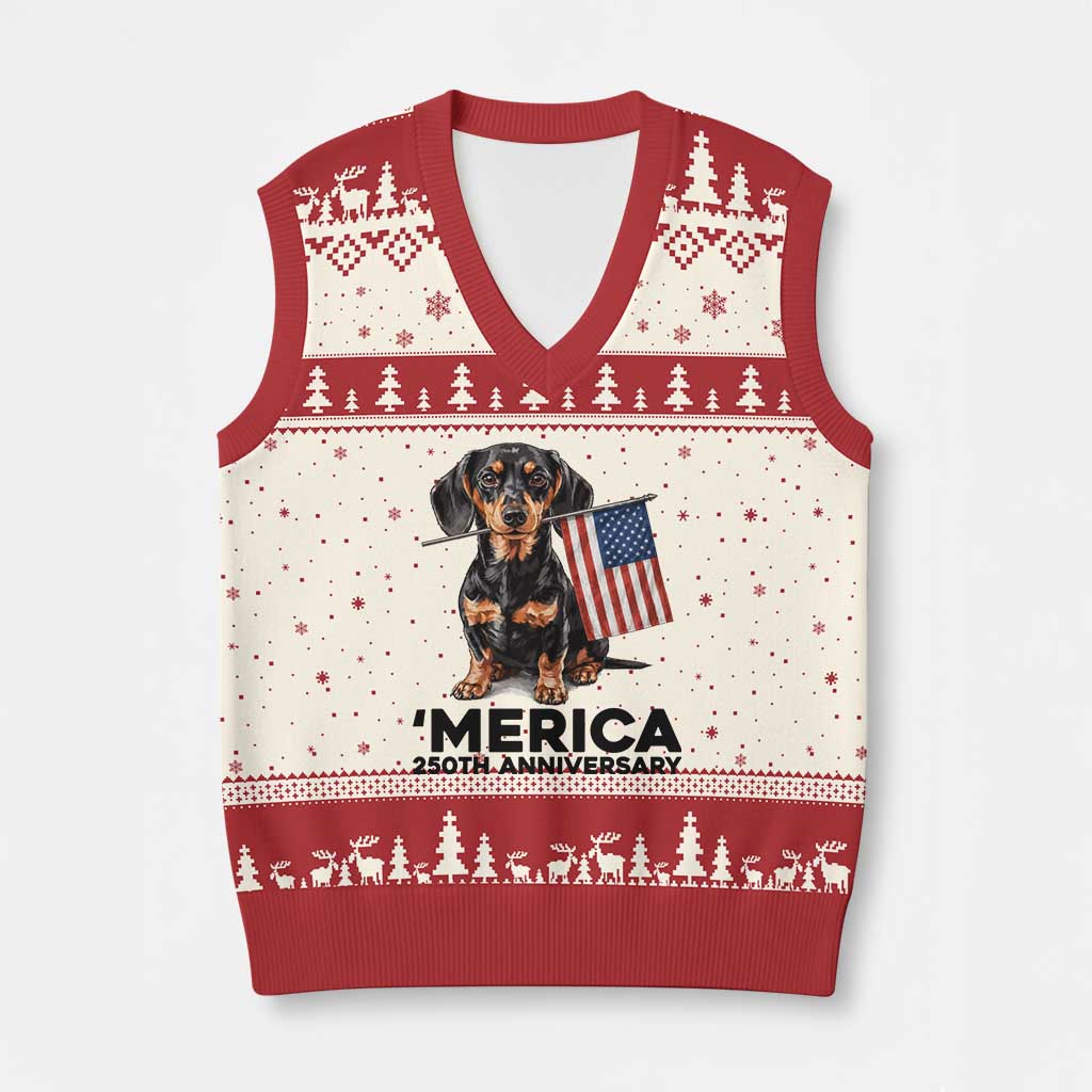 Merica Dachshund Lover V-Neck Knit Sweater Vest 250th Anniversary Gift