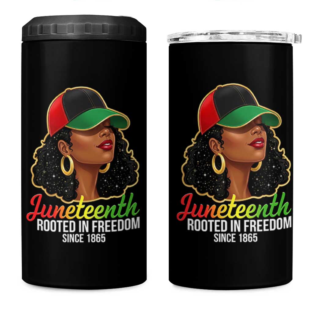 Black Woman Juneteenth Graphic 4 in 1 Can Cooler Tumbler Rooted In Freedom Since 1865