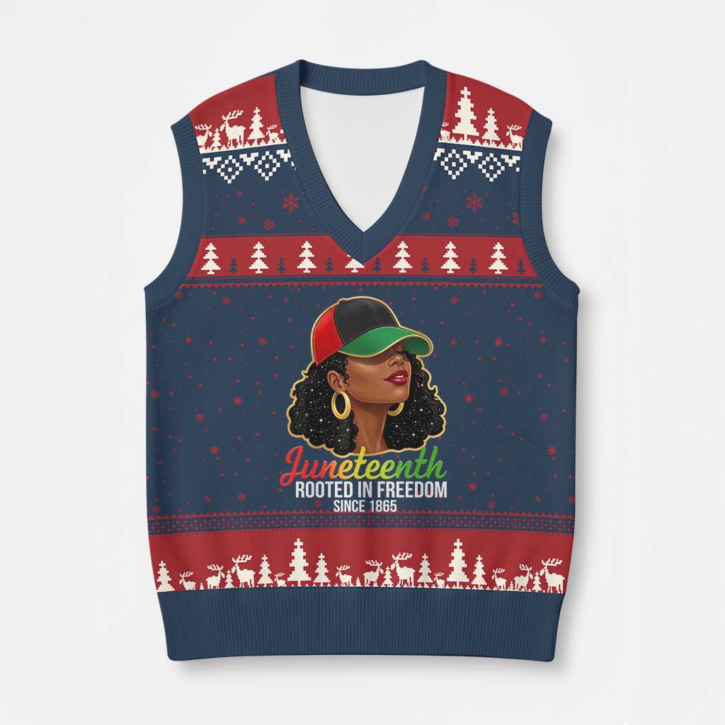 Black Woman Juneteenth Graphic V-Neck Knit Sweater Vest Rooted In Freedom Since 1865