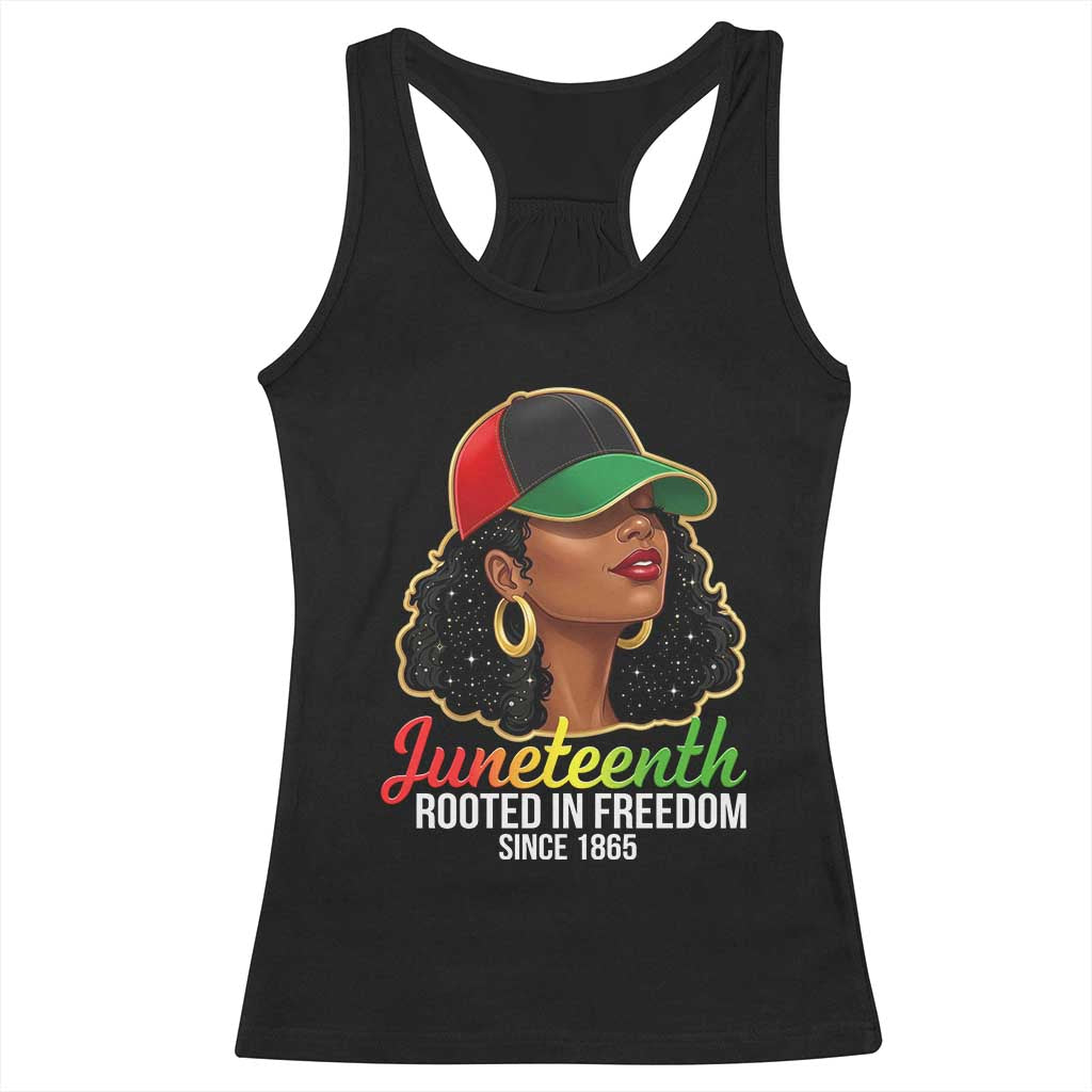 Black Woman Juneteenth Graphic Racerback Tank Top Rooted In Freedom Since 1865