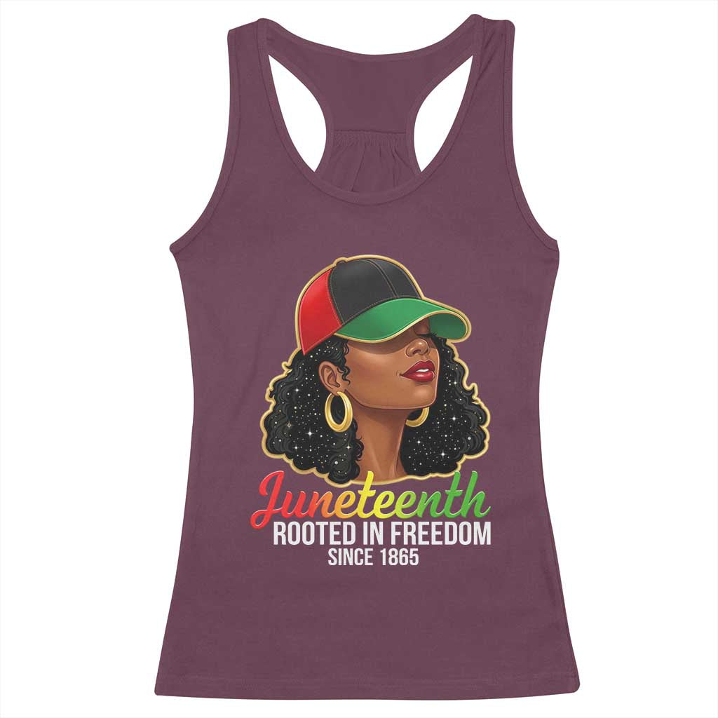 Black Woman Juneteenth Graphic Racerback Tank Top Rooted In Freedom Since 1865