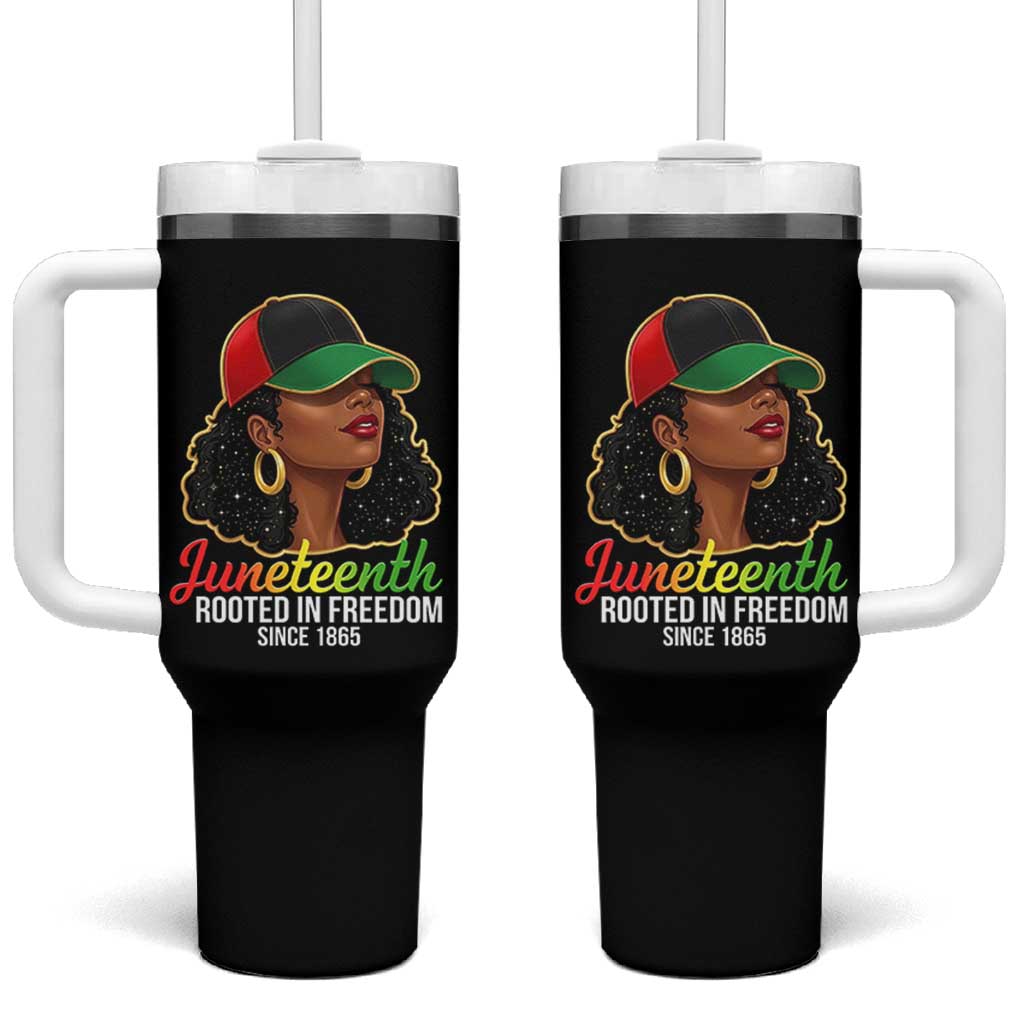 Black Woman Juneteenth Graphic Tumbler With Handle Rooted In Freedom Since 1865