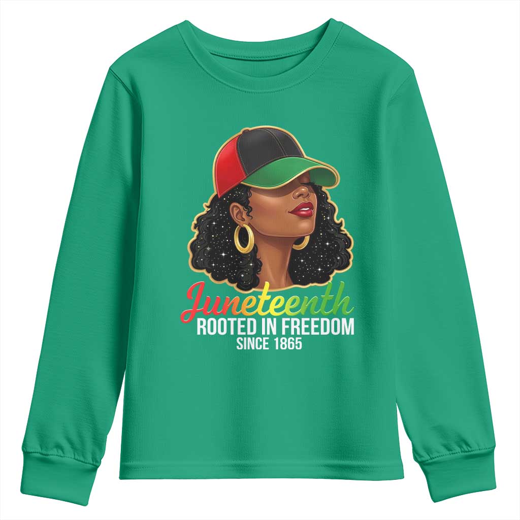Black Woman Juneteenth Graphic Youth Sweatshirt Rooted In Freedom Since 1865