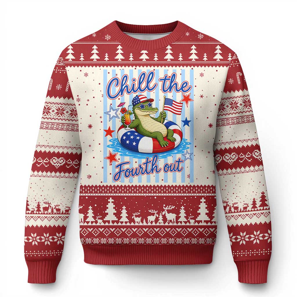Funny Patriotic Alligator Ugly Christmas Sweater Chill The Fourth Out