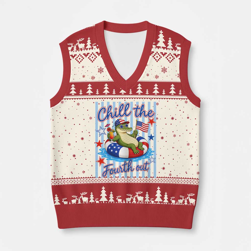 Funny Patriotic Alligator V-Neck Knit Sweater Vest Chill The Fourth Out