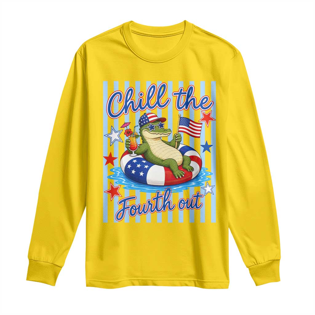 Funny Patriotic Alligator Long Sleeve Shirt Chill The Fourth Out